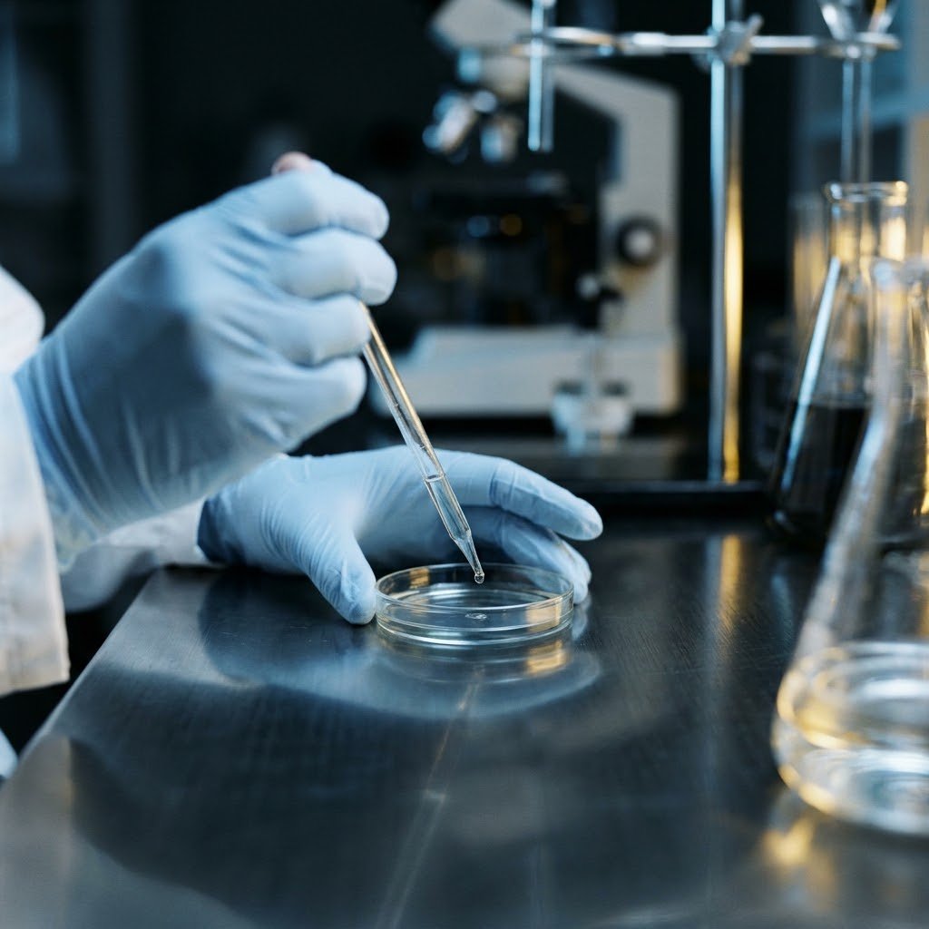 Manos con guantes sosteniendo una pipeta de vidrio sobre una caja de Petri en un laboratorio