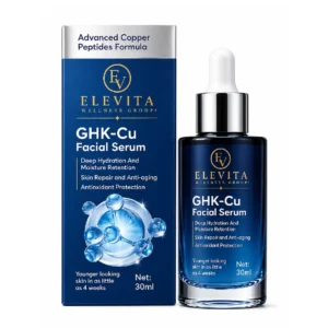 Frasco del sérum facial GHK-Cu de EleVita sobre fondo claro